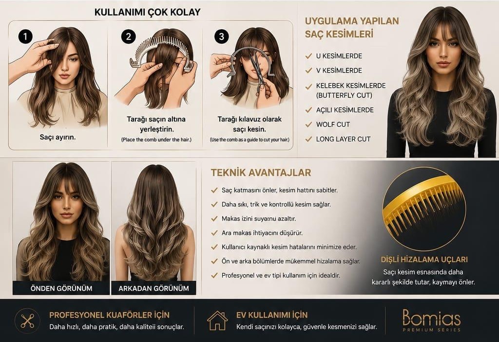 Bomias Kelebek Kesim Tarağı kullanım adımları, uygulanabilen kesimler ve teknik avantajlar
